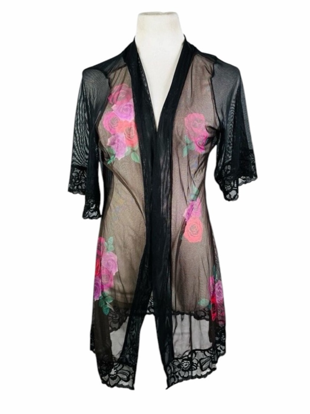 Mapale Sheer Black Floral Knee Length Robe - Ones Size
